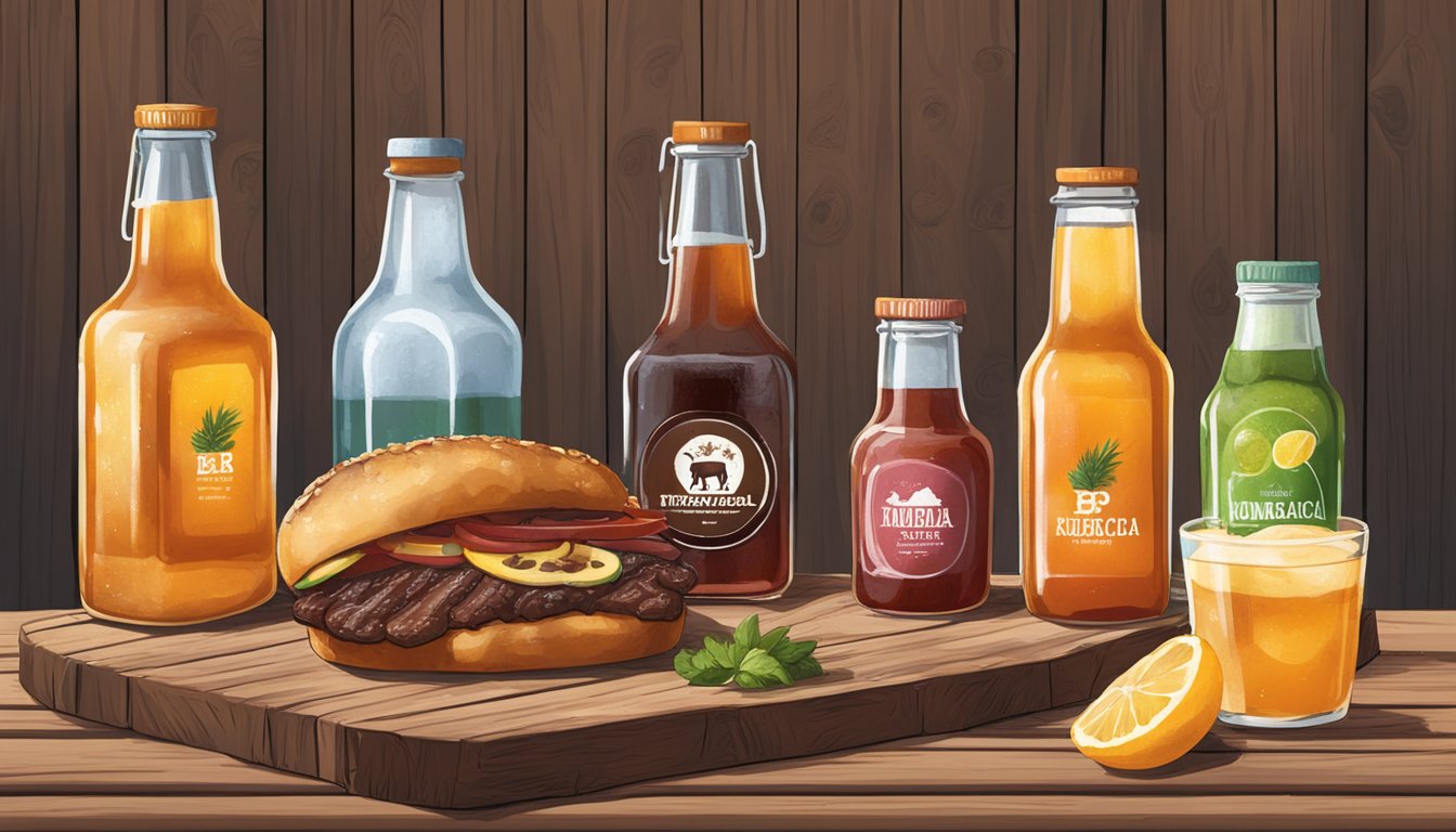 A rustic Texas BBQ spread with various flavored kombucha bottles arranged on a wooden table