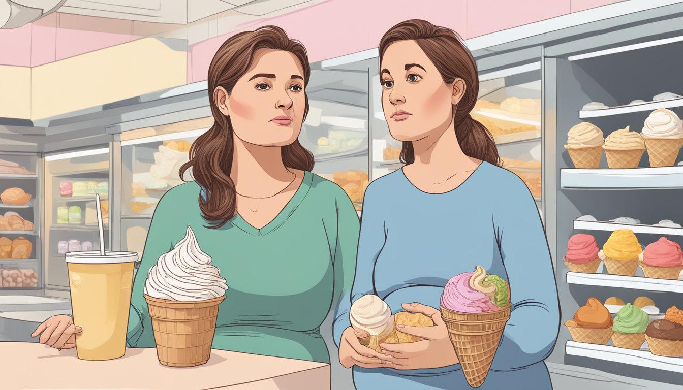 A pregnant woman holding a soft serve ice cream cone, with a worried expression on her face, looking at a list of foods to avoid during pregnancy