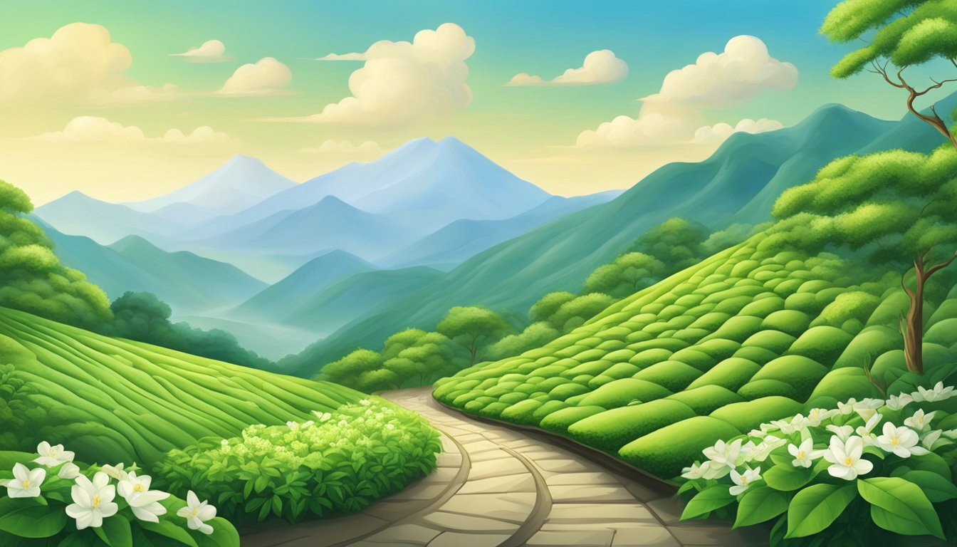 A serene mountain landscape with lush green tea bushes and delicate jasmine flowers, with a trail winding through the scenery