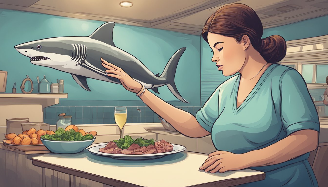 A pregnant woman holding a plate of shark meat, with a question mark hovering over her head