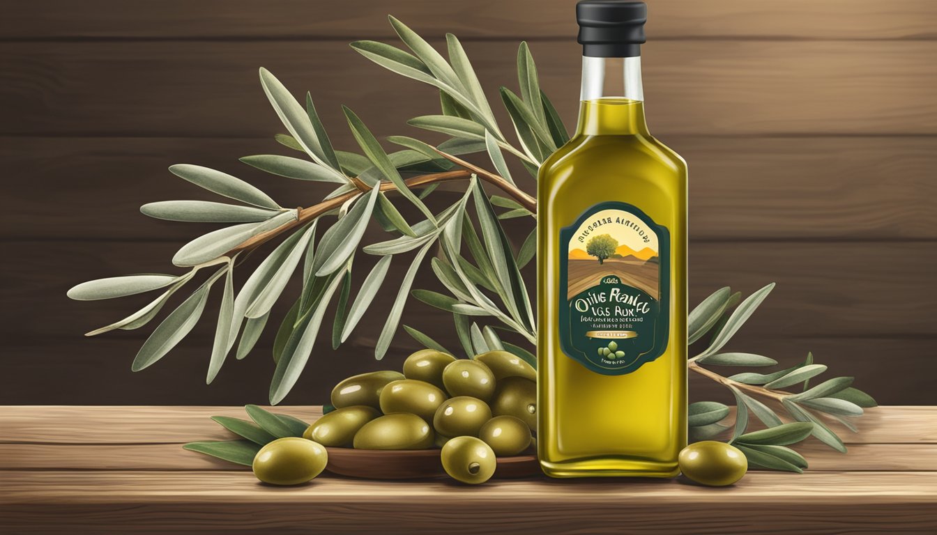 A bottle of Texas Olive Ranch Premium Extra Virgin Olive Oil surrounded by olives and olive branches on a rustic wooden table