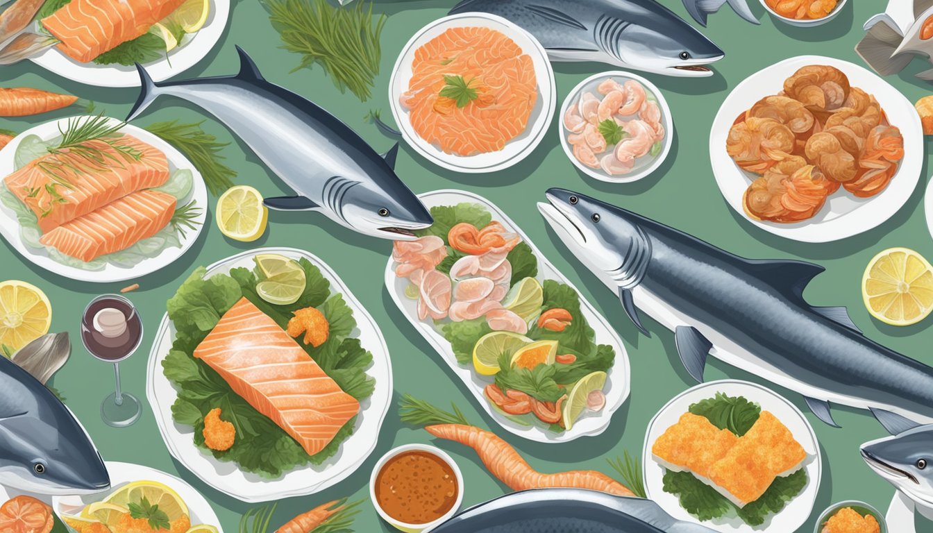 A pregnant woman seated at a dining table, surrounded by a variety of low-mercury fish options such as salmon, tilapia, and shrimp, with a shark steak placed off to the side