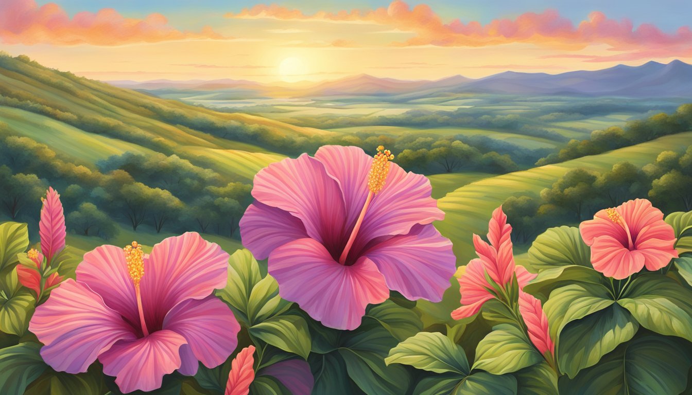 A vibrant hibiscus flower blooms on a Texas tea trail, surrounded by rolling hills and a sparkling, sunlit landscape