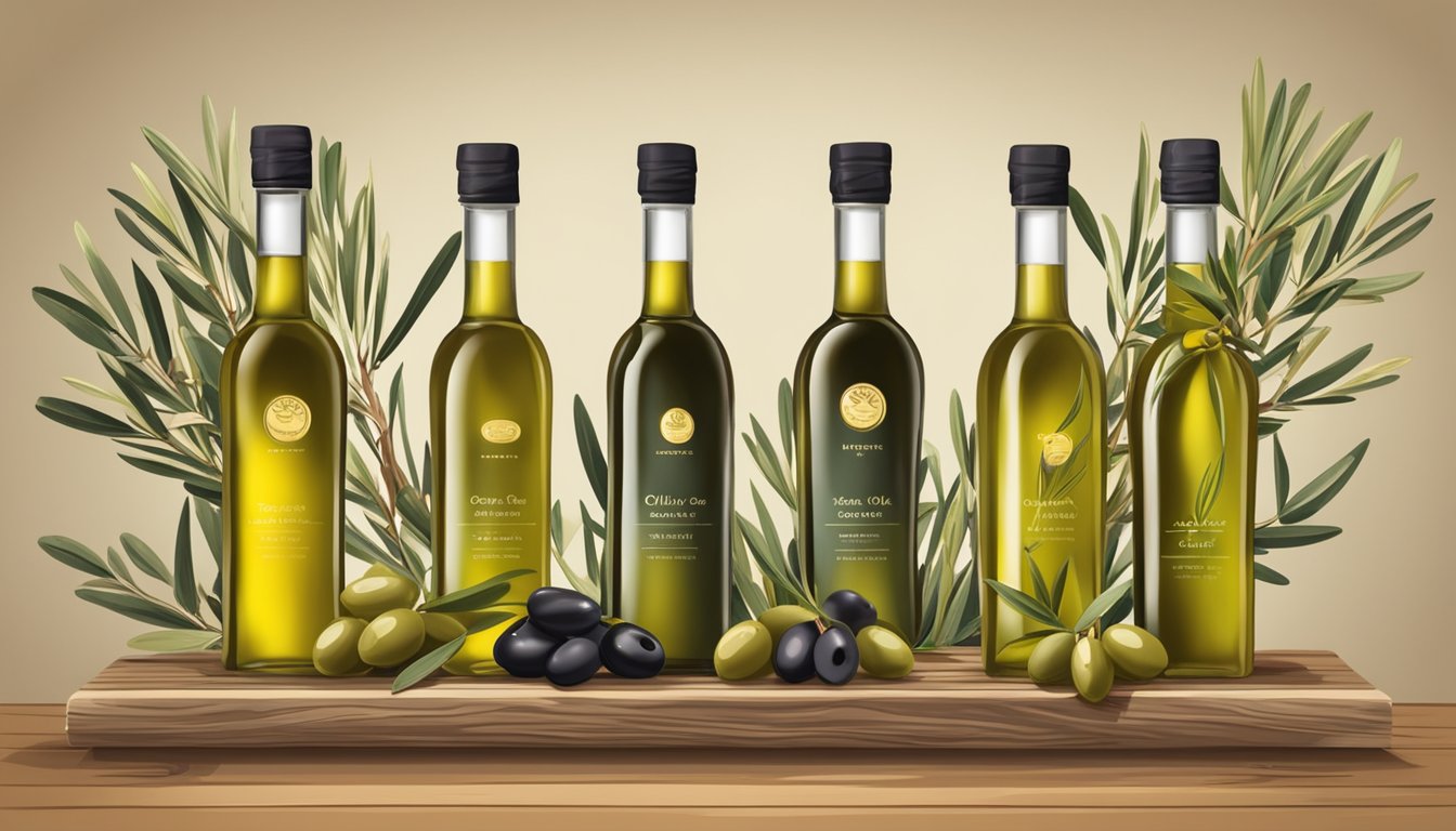 A rustic wooden table displays five bottles of Texan olive oil, surrounded by olive branches and ripe olives