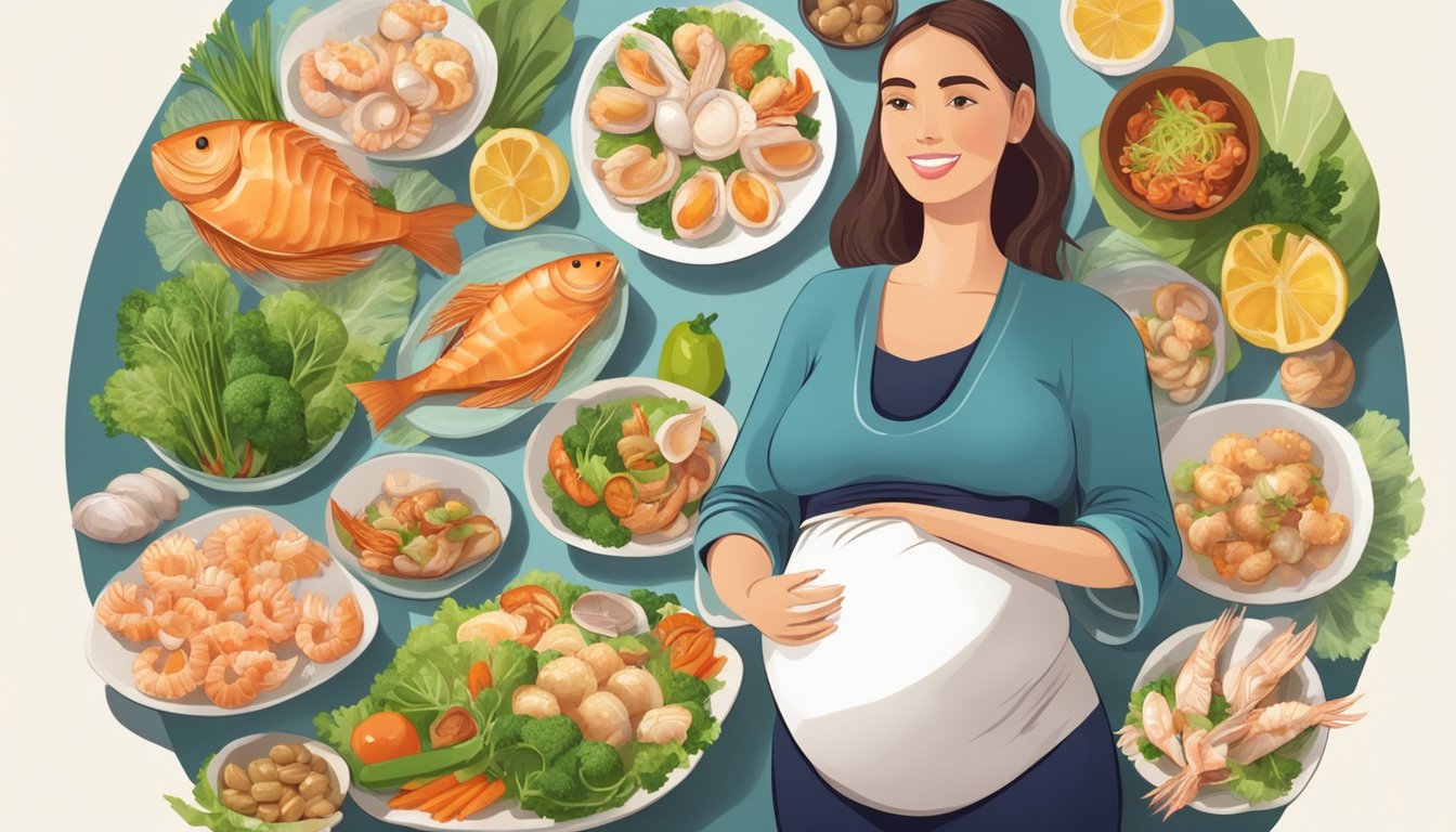 A pregnant woman holding a plate of cooked scallops, surrounded by various seafood and fresh vegetables, with a clear focus on the scallops