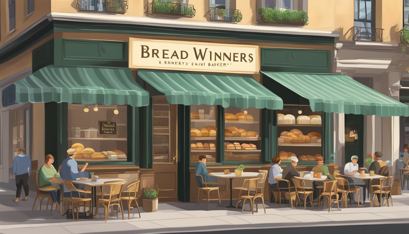 A bustling café with outdoor seating, a charming bakery display, and a sign proudly proclaiming "Bread Winners Café & Bakery."