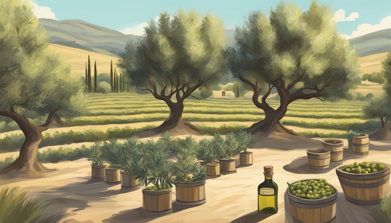 A rustic, sun-drenched olive grove with rows of lush trees, a quaint stone press, and bottles of Bella Vista Ranch First Press Olive Oil on a wooden table