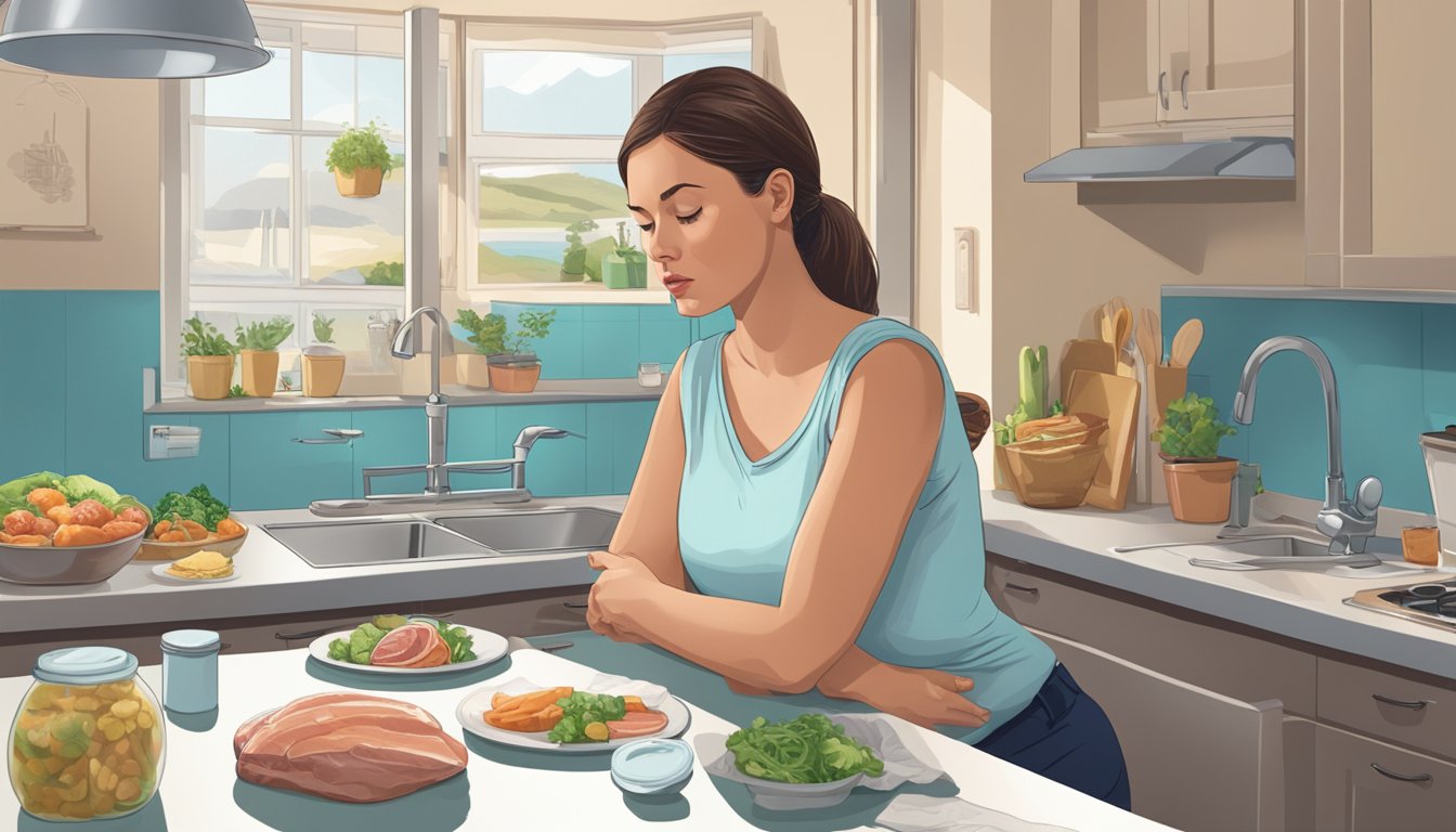 A pregnant woman sitting at a kitchen table, looking at a piece of shark meat with a concerned expression. Various food safety information posters on the wall