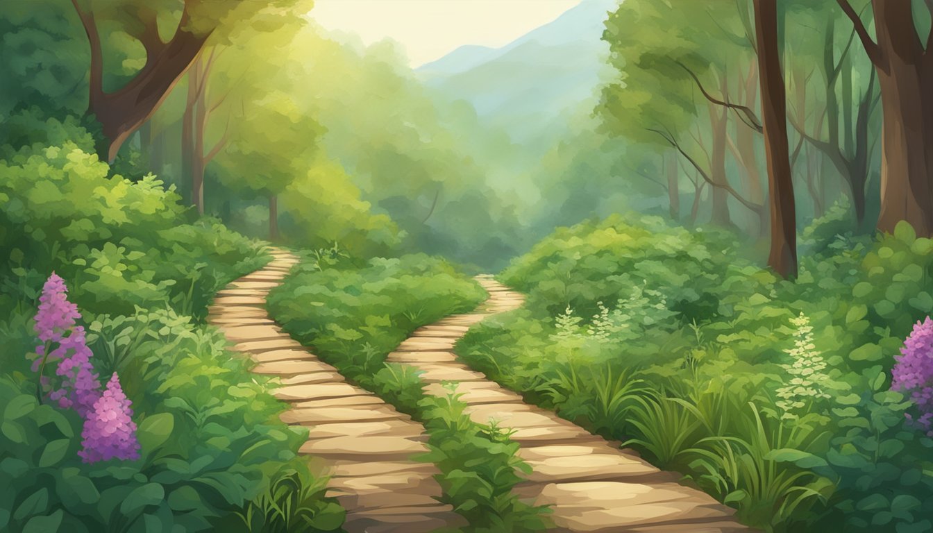 A peaceful trail winds through a lush forest, with various herbs and plants growing along the path. The aroma of freshly brewed herbal tea fills the air