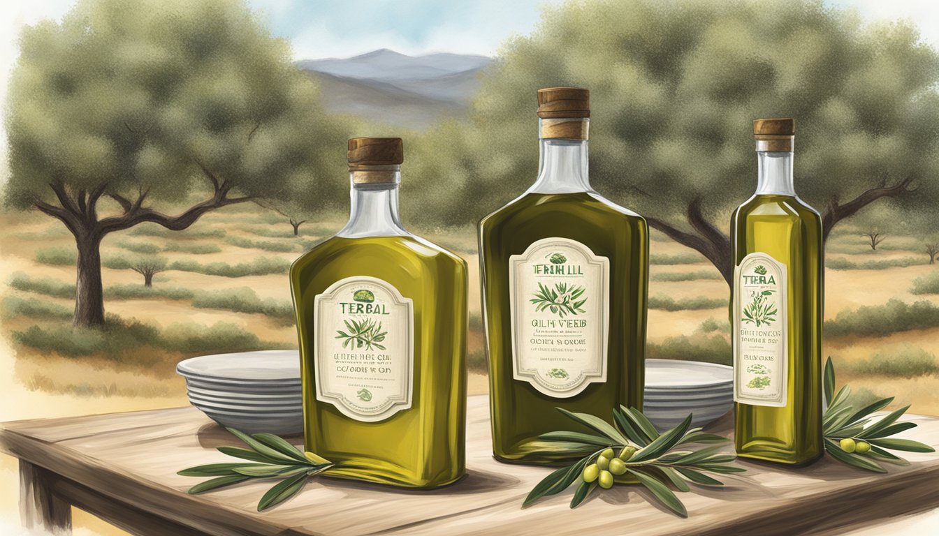 A rustic table displays five bottles of Hill Country Olive Co. Terra Verde olive oil, surrounded by olive branches and a Texas landscape