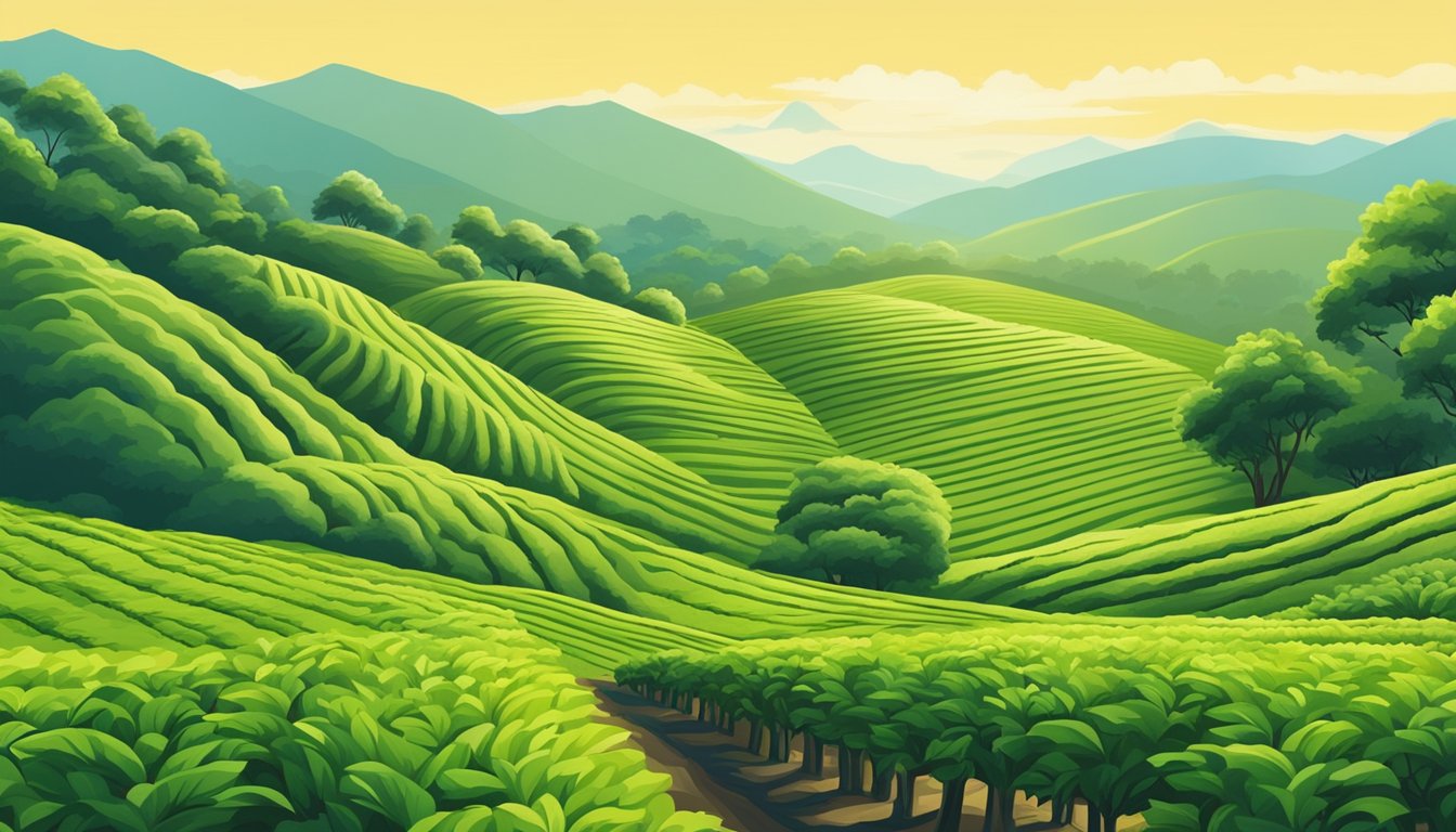 A serene tea plantation with rows of lush green tea bushes stretching into the distance, set against a backdrop of rolling hills and clear blue skies