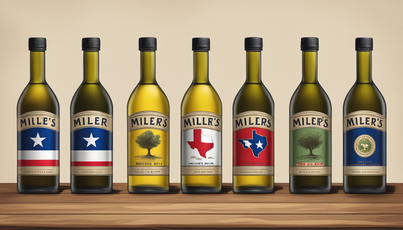 A rustic wooden table with five bottles of Texan olive oil arranged in a row, each labeled "Miller's Blend" and featuring the Texas flag