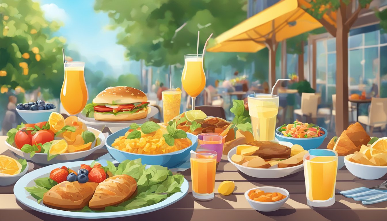 A colorful outdoor brunch scene with various food items and drinks displayed on a table, surrounded by a bustling, lively atmosphere