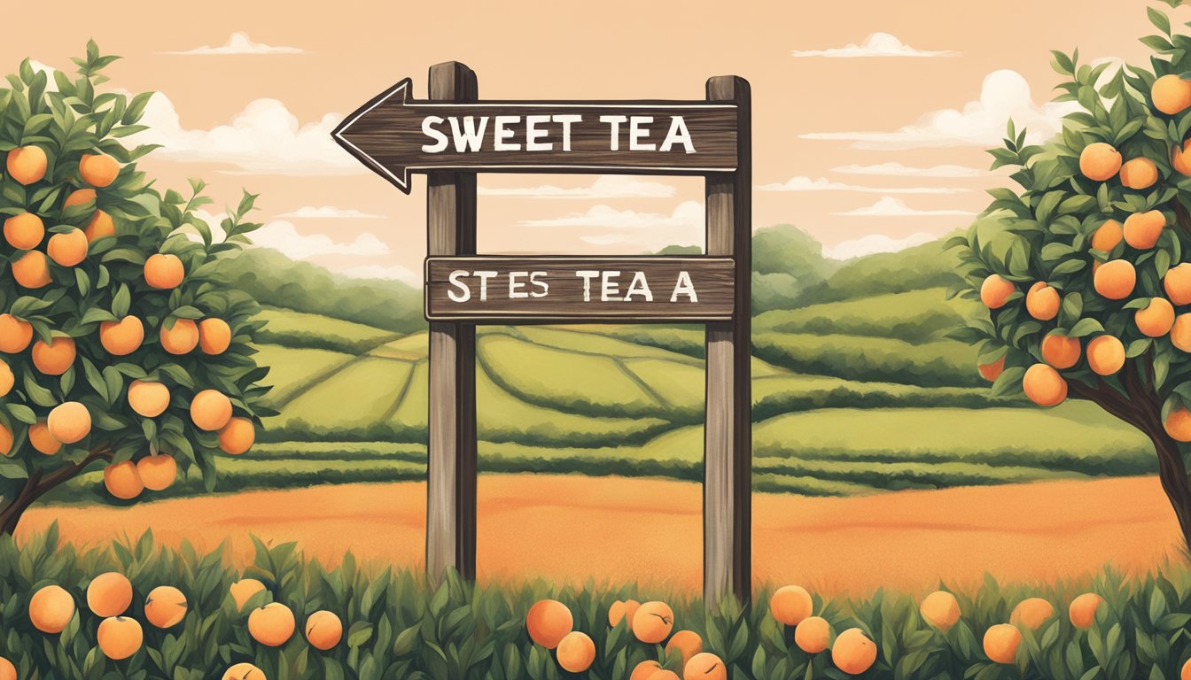 A rustic wooden signpost stands in a field of peach trees, pointing the way to Sweet Leaf Tea's Peach Iced Tea on Austin's Tea Trail