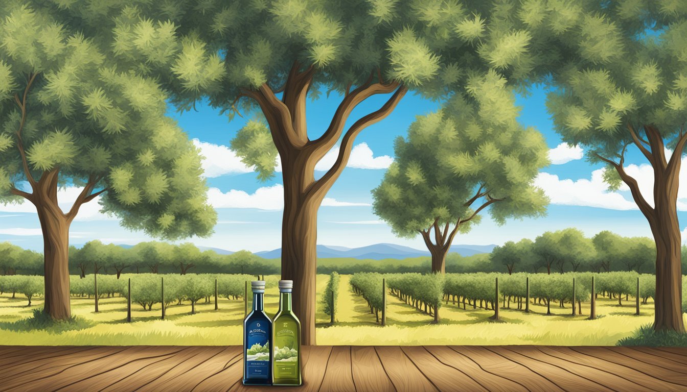 A rustic Texas olive orchard with five distinctive bottles of olive oil lined up on a wooden table, surrounded by lush green olive trees and a bright blue sky