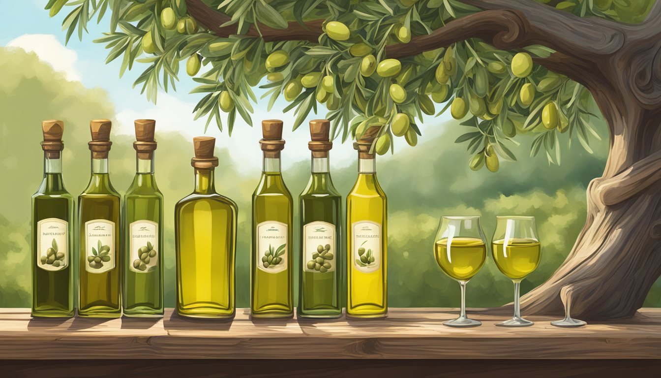 A lush Texan olive orchard with five distinct bottles of olive oil displayed on a rustic wooden table, surrounded by the vibrant green foliage