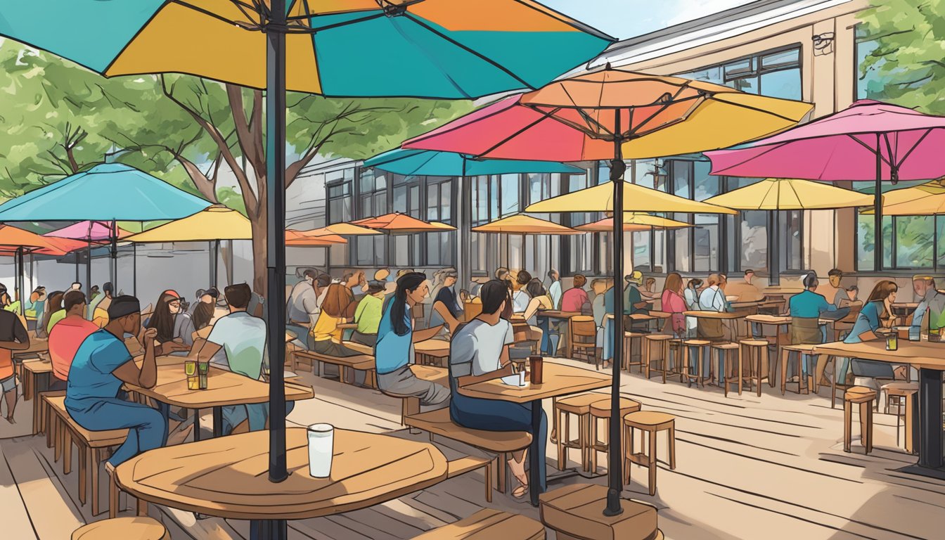 A bustling outdoor patio at Pinthouse Brewing in Austin, with colorful umbrellas, wooden tables, and a lively atmosphere