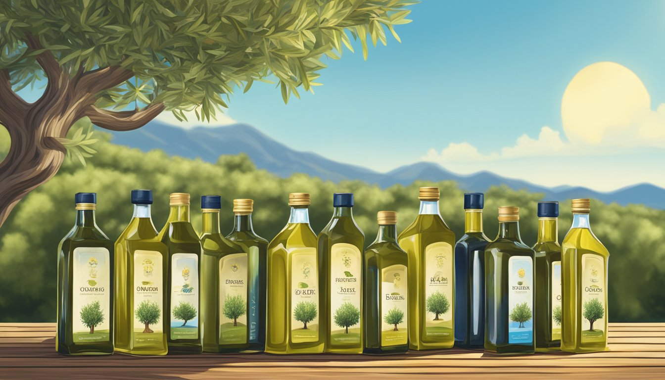 A Texan olive grove with five top-quality olive oil bottles lined up on a rustic wooden table, surrounded by lush greenery and a clear blue sky