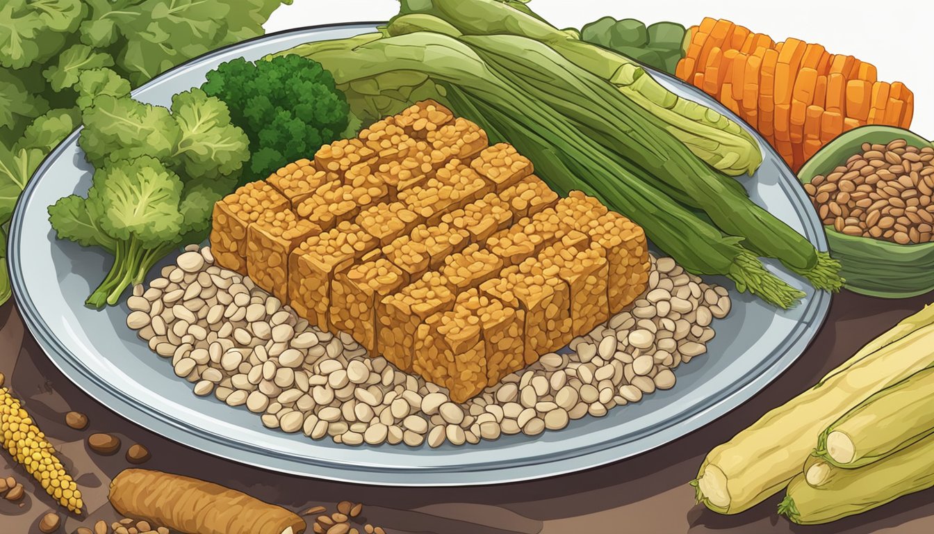 A colorful plate of tempeh, surrounded by various vegetables and grains, with a detailed nutritional label next to it