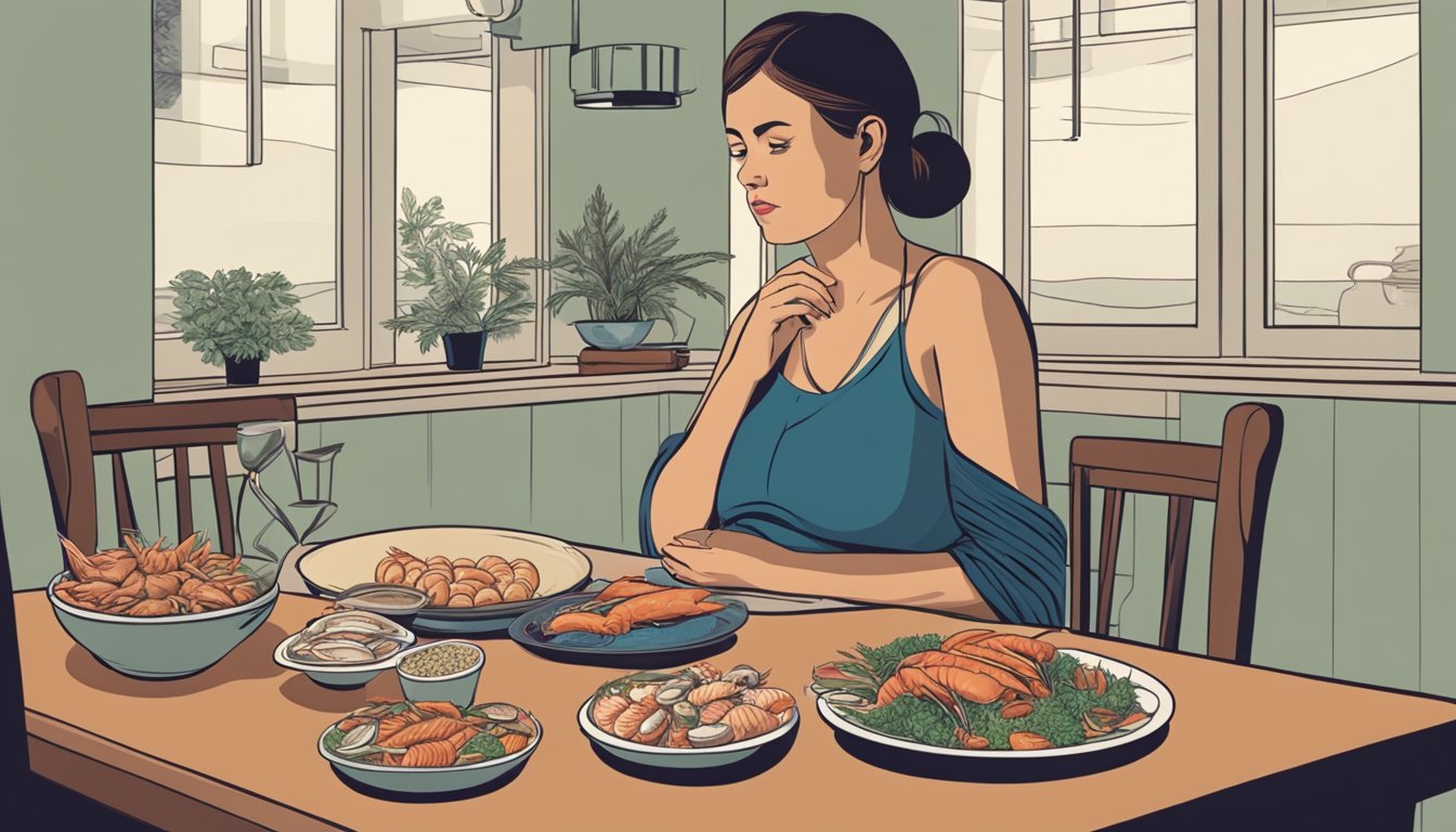 A pregnant woman sitting at a dining table, with a plate of assorted smoked seafood in front of her. She is looking at the food with a concerned expression, seeking reassurance