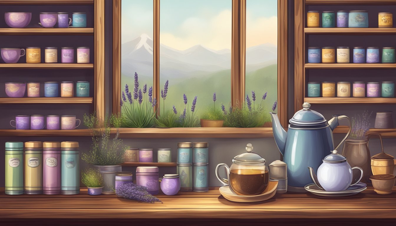 A cozy cafe with shelves of assorted tea tins, a steaming cup of Lavender Earl Grey on a wooden table