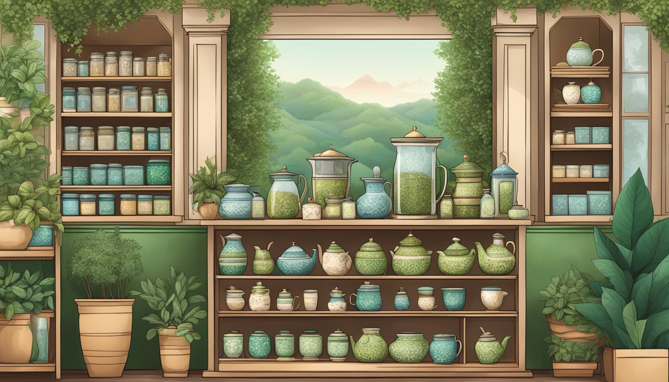 A cozy tea house with a variety of Moroccan Mint tea displayed on shelves, surrounded by lush greenery and a trail leading to different tea options