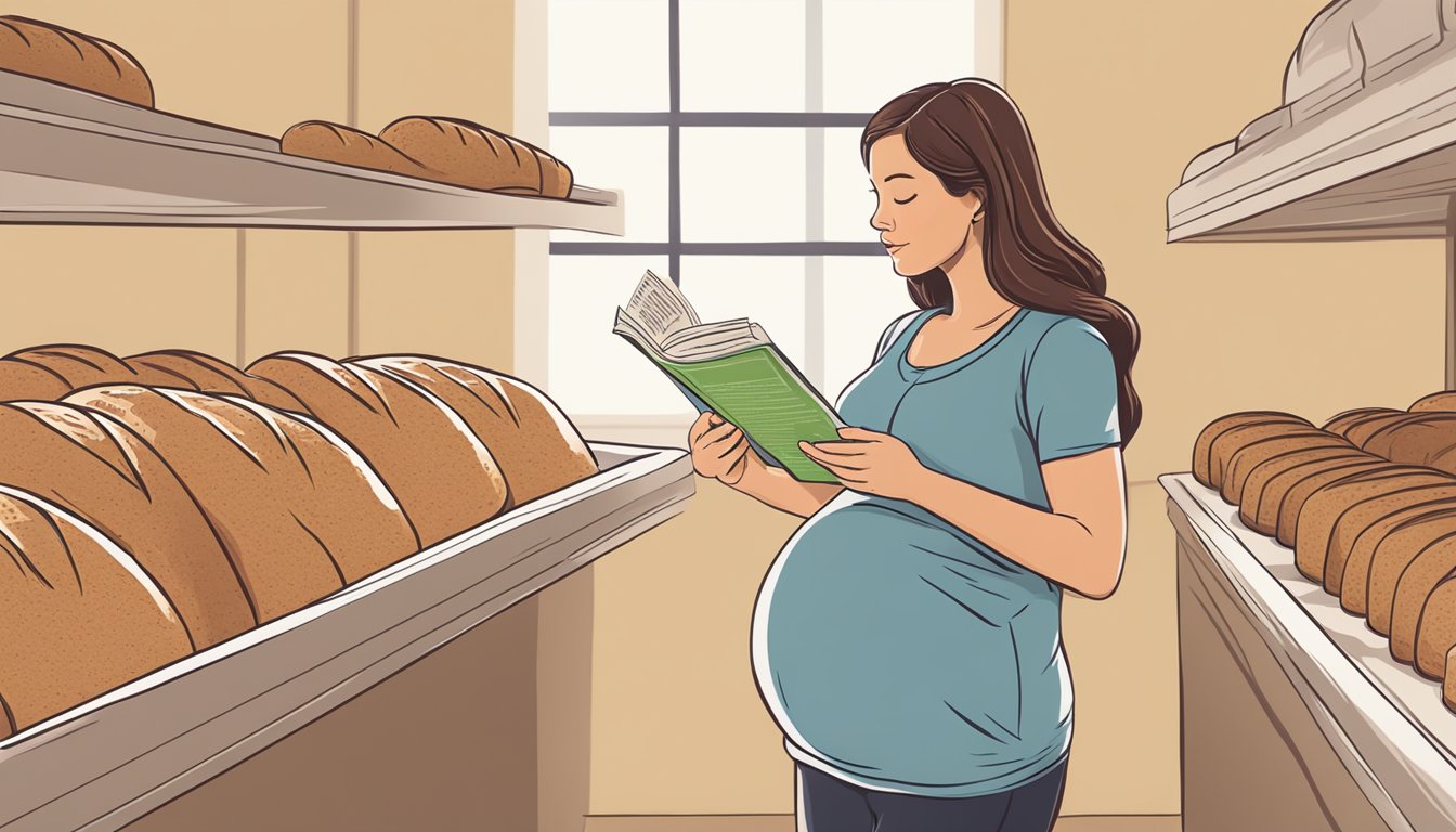 A pregnant person holding a loaf of sprouted bread while reading a list of safety recommendations for bread during pregnancy