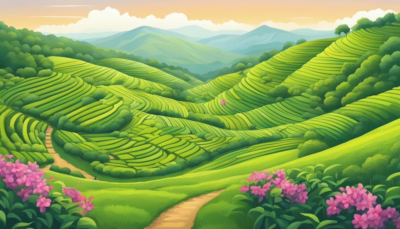 A scenic tea trail winds through lush green hills, with colorful tea plantations stretching as far as the eye can see