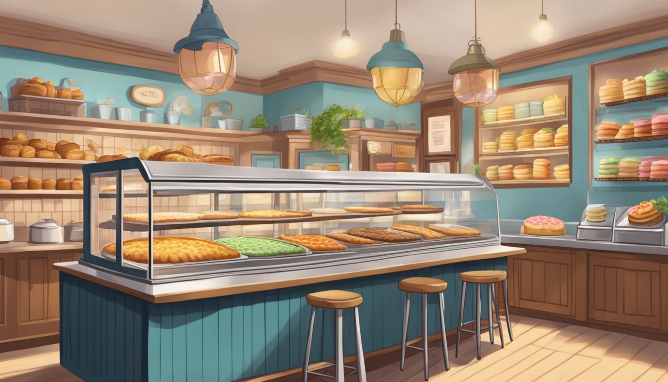 A quaint bakery with a row of colorful pie displays, a bustling kitchen, and a cozy seating area for customers