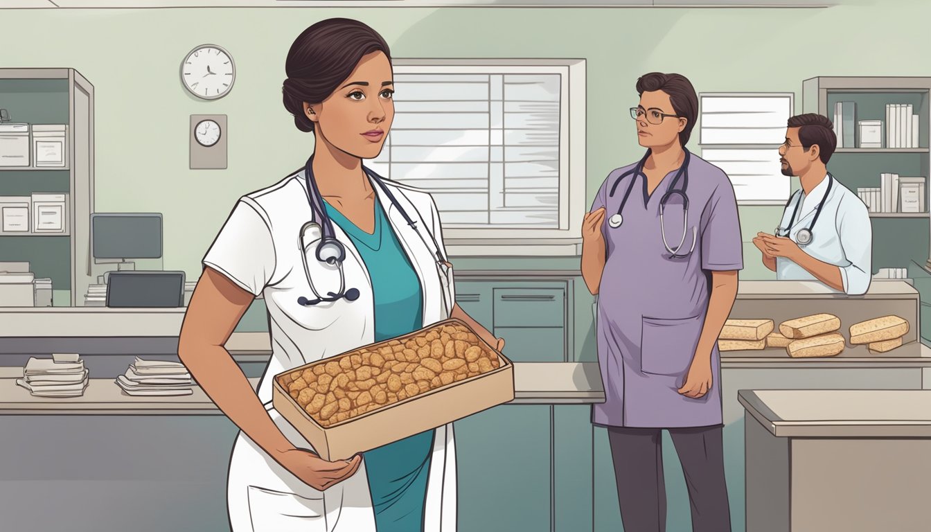 A pregnant woman holding a piece of tempeh while looking uncertain, with a doctor's office in the background