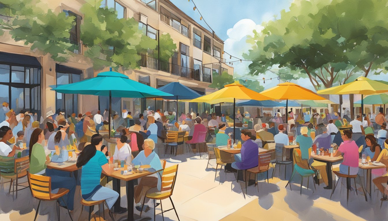 A bustling outdoor patio at a Moontower in San Antonio, with colorful umbrellas and tables filled with people enjoying brunch