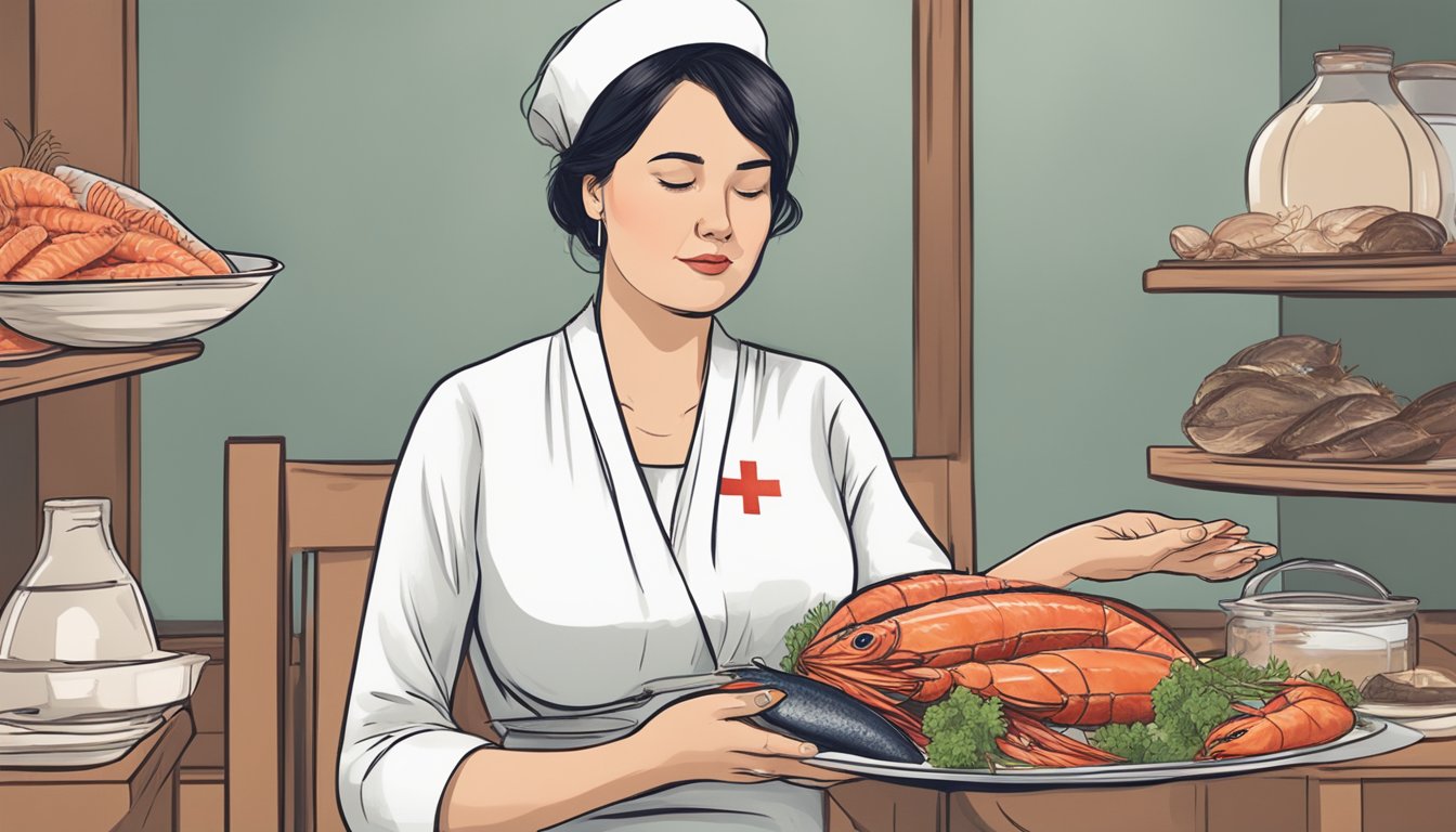 A pregnant woman holding a plate of smoked seafood with a red cross over it, indicating it is not recommended during pregnancy