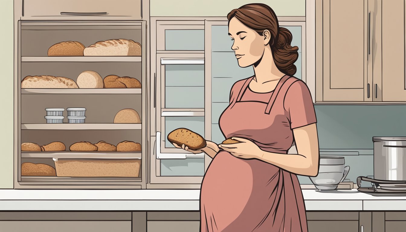 A pregnant woman standing in a kitchen, holding a loaf of sprouted bread and looking at a nutrition label with a concerned expression