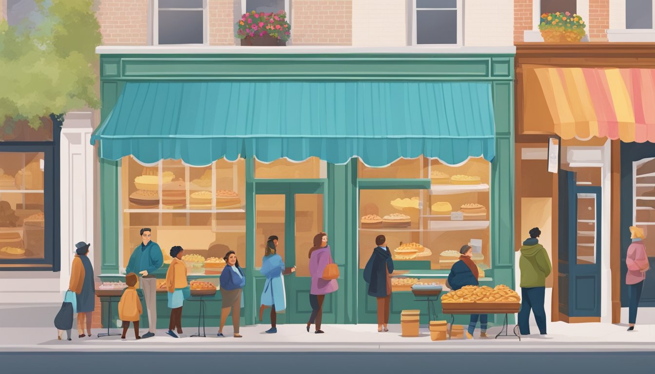 A charming storefront with a colorful awning and a line of customers outside, eagerly waiting to purchase Thanksgiving pies from Dangerously Delicious Pies in Washington D.C