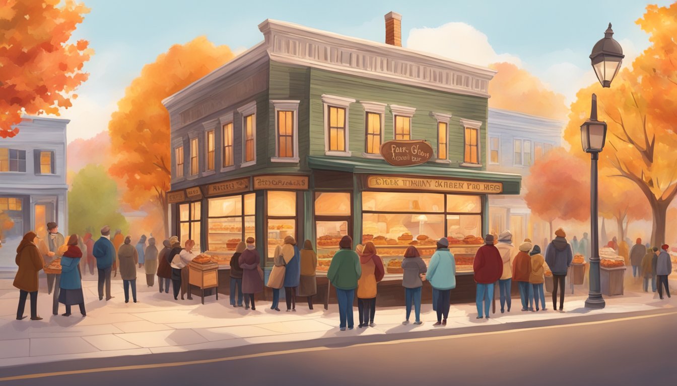 A cozy bakery with a rustic storefront, surrounded by colorful fall foliage and a line of customers eagerly waiting to purchase Thanksgiving pies