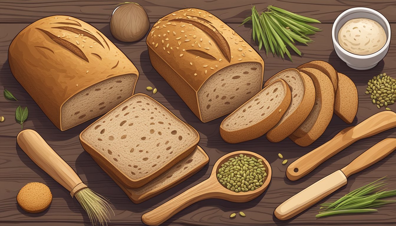 A loaf of sprouted bread surrounded by various other types of bread and grains on a wooden cutting board