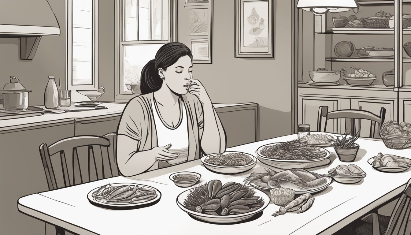 A pregnant woman sitting at a dining table with a plate of various types of smoked seafood in front of her, looking concerned and questioning whether it is safe to consume during pregnancy