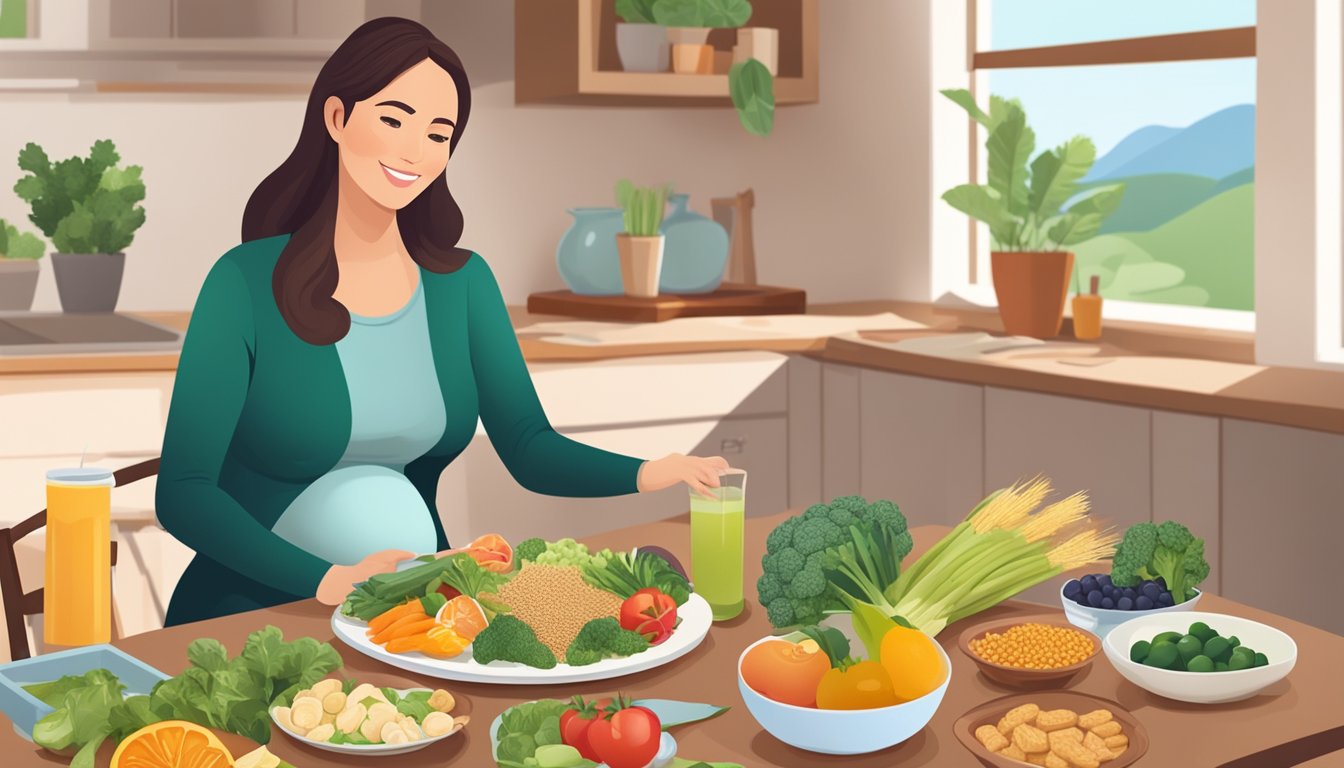 A pregnant woman sitting at a dining table with a variety of healthy foods, including a plate of tempeh, fruits, vegetables, and grains