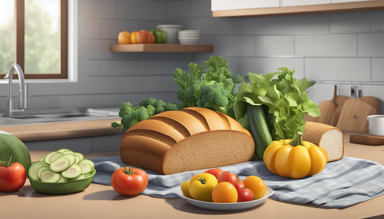 A colorful array of fresh vegetables, fruits, and a loaf of sprouted bread on a clean, modern kitchen countertop