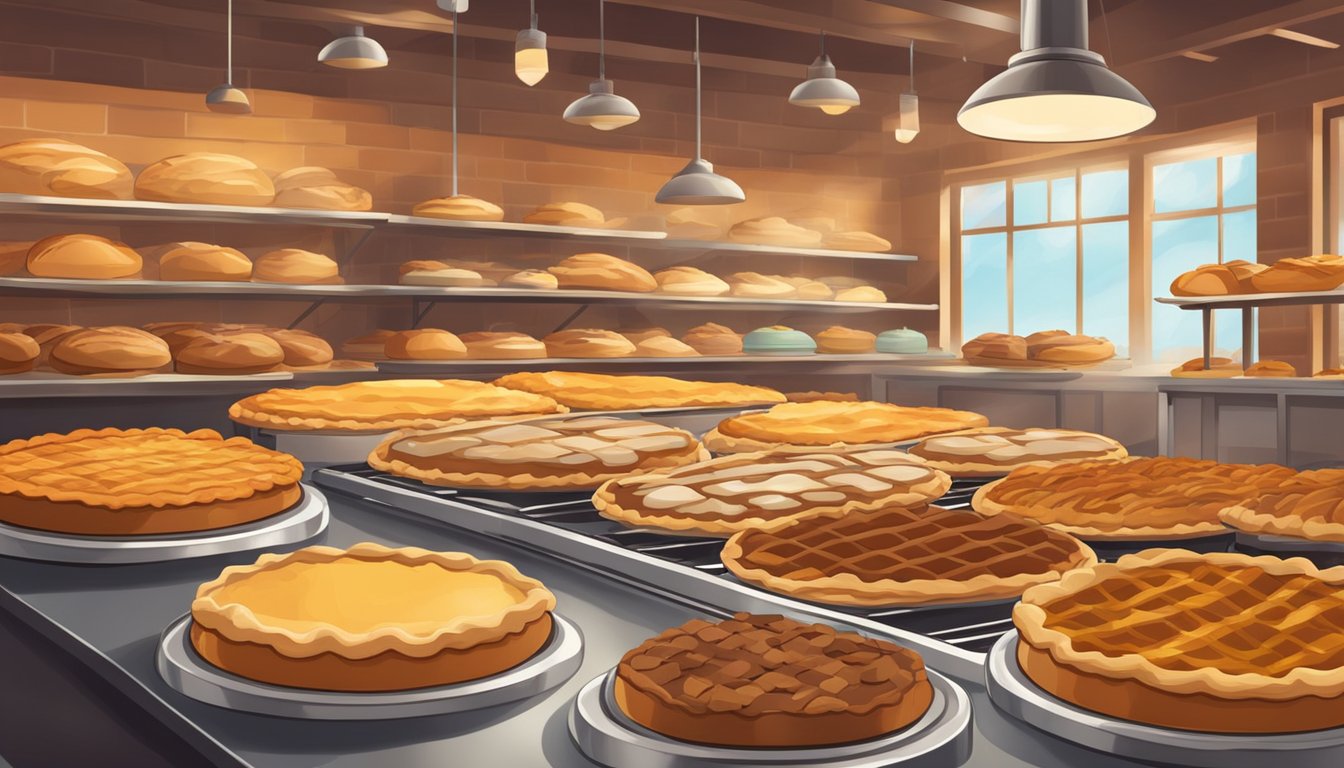 A bustling bakery kitchen filled with colorful, freshly baked Thanksgiving pies cooling on racks, surrounded by the warm aroma of cinnamon and nutmeg