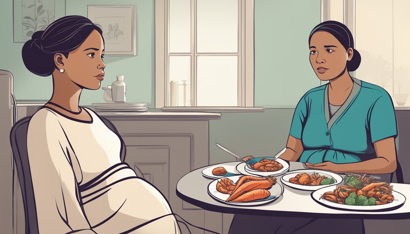 A pregnant woman sitting with a concerned expression, holding a plate of smoked seafood while talking to a healthcare professional