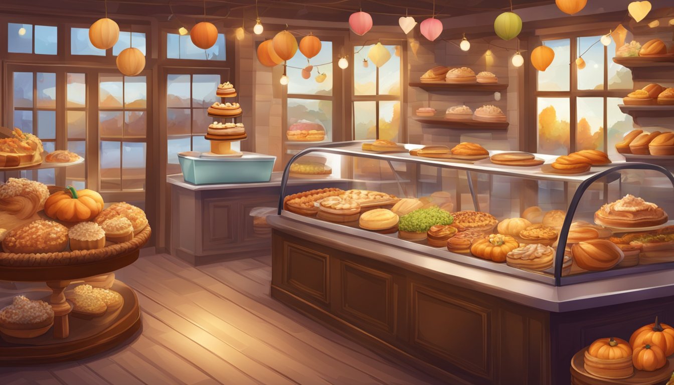 A cozy bakery with a display of beautifully decorated pies, surrounded by festive Thanksgiving decorations