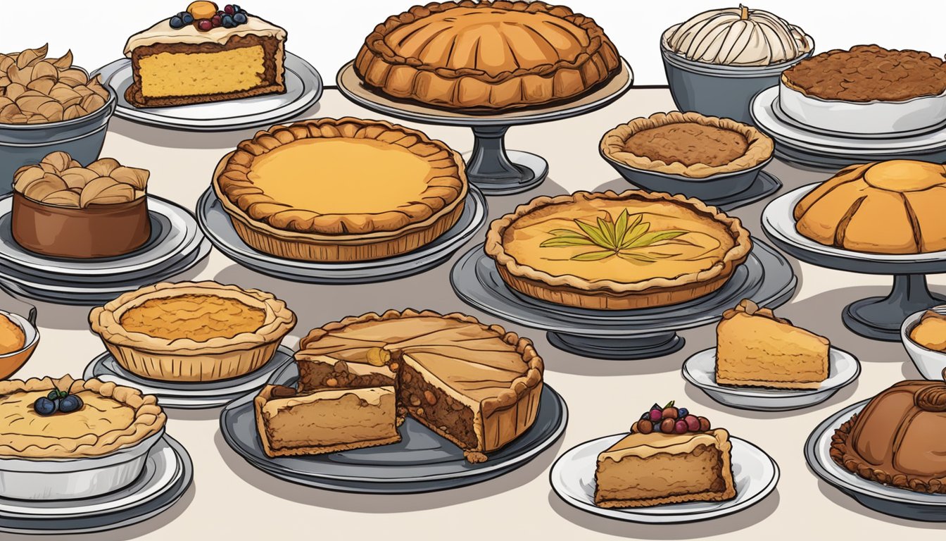 A festive table set with a variety of Thanksgiving pies from 5 different places, each pie carefully stored and ready to be served