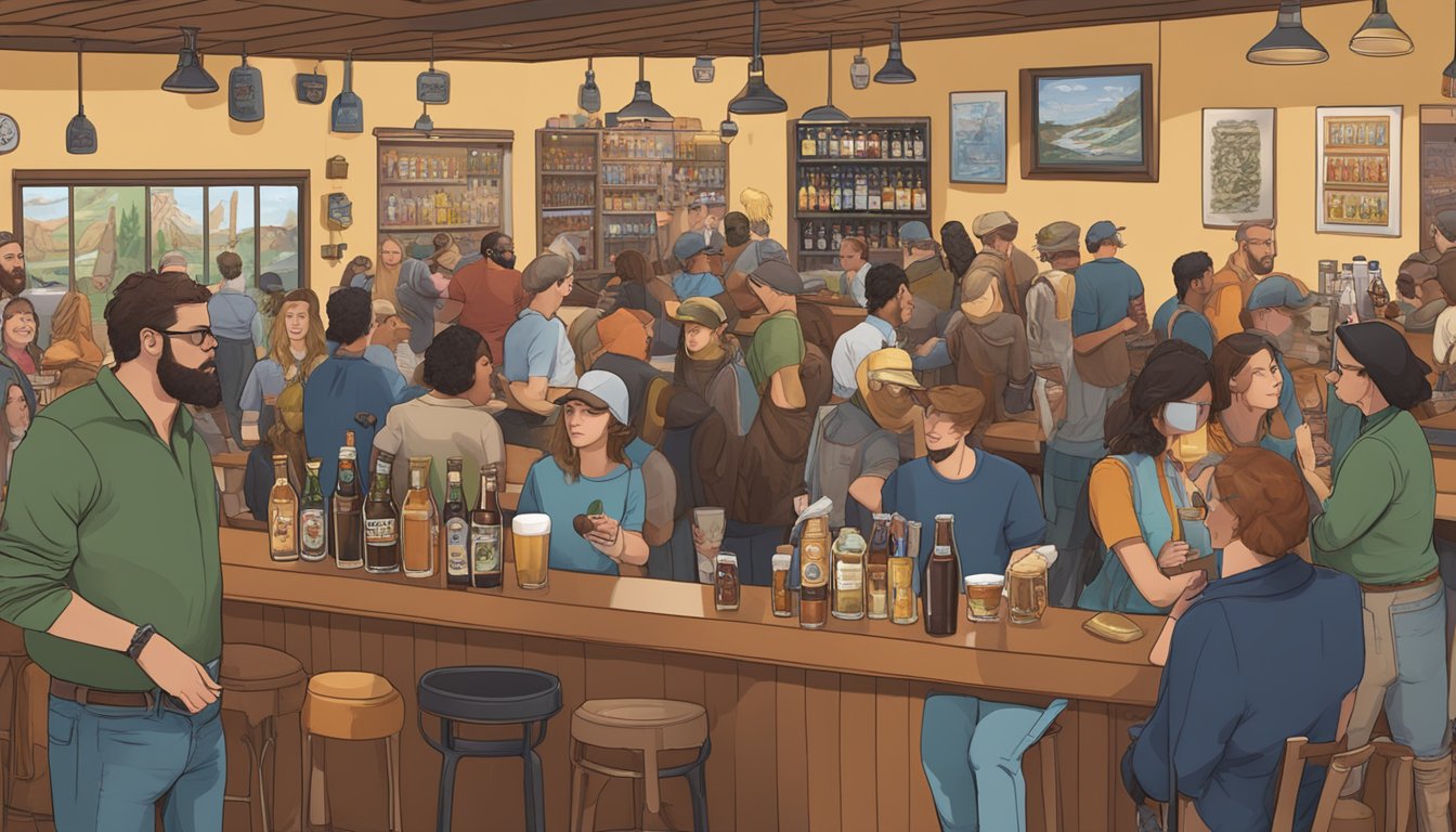 A bustling taproom with diverse wild brews on display, patrons sampling and discussing the unique flavors of Atrial Rubicite