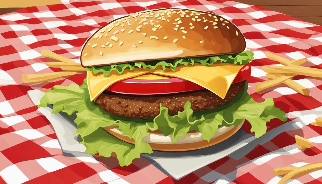 A sizzling burger topped with cheese, lettuce, and tomato, surrounded by a pile of golden, crispy fries on a red and white checkered tablecloth