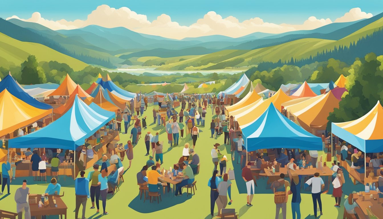 A bustling outdoor beer festival with colorful tents and banners, surrounded by rolling hills and a bright blue sky. Tables are filled with unique craft beers and excited patrons sample and chat