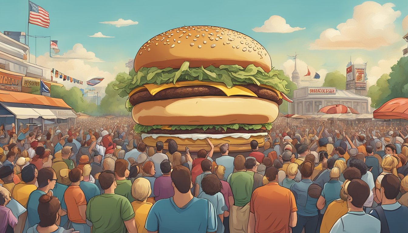 A bustling outdoor burger festival with a giant, roaring burger mascot towering over a crowd of hungry patrons