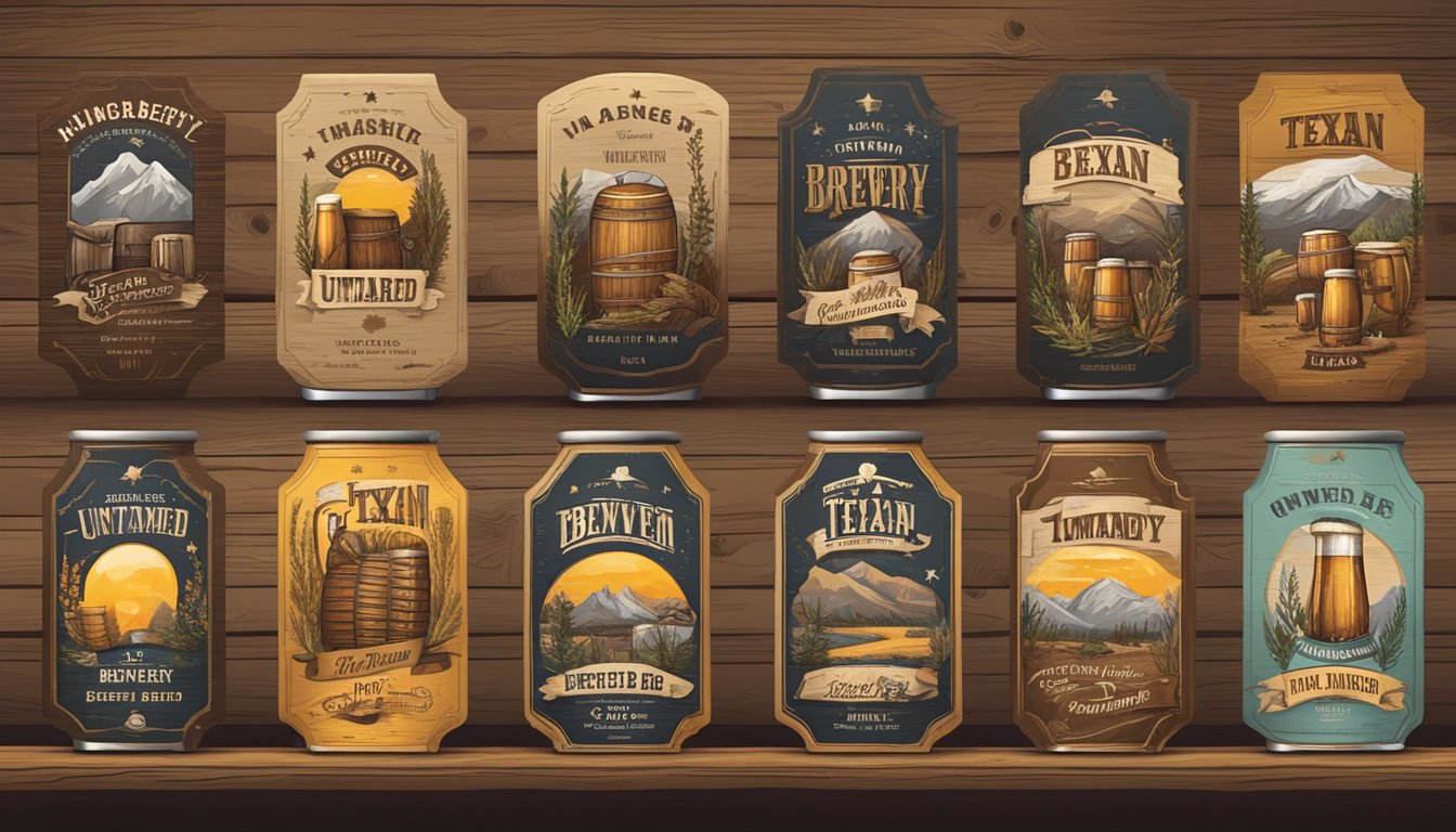 A rustic brewery setting with 10 unique Texan craft beer labels on display, each representing a different untamed and wild flavor profile