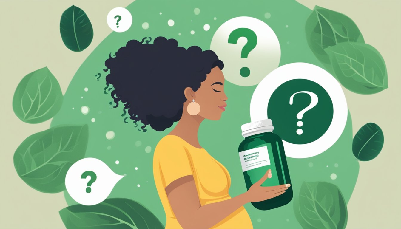 A pregnant woman holding a bottle of spirulina supplements, with question marks and exclamation points floating around her head