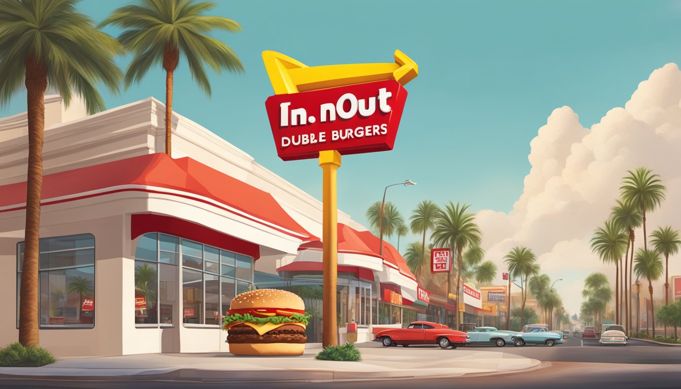 A mouthwatering pile of In-N-Out Double-Double burgers, stacked high and surrounded by the iconic palm tree logo, set against the backdrop of a bustling Texas street